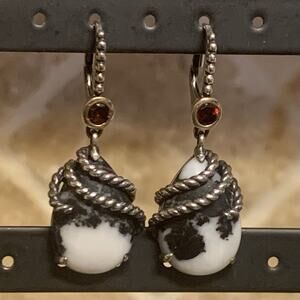 Two Tone (SS & Gold) Zebra Marble Earrings w/ Small Garnet